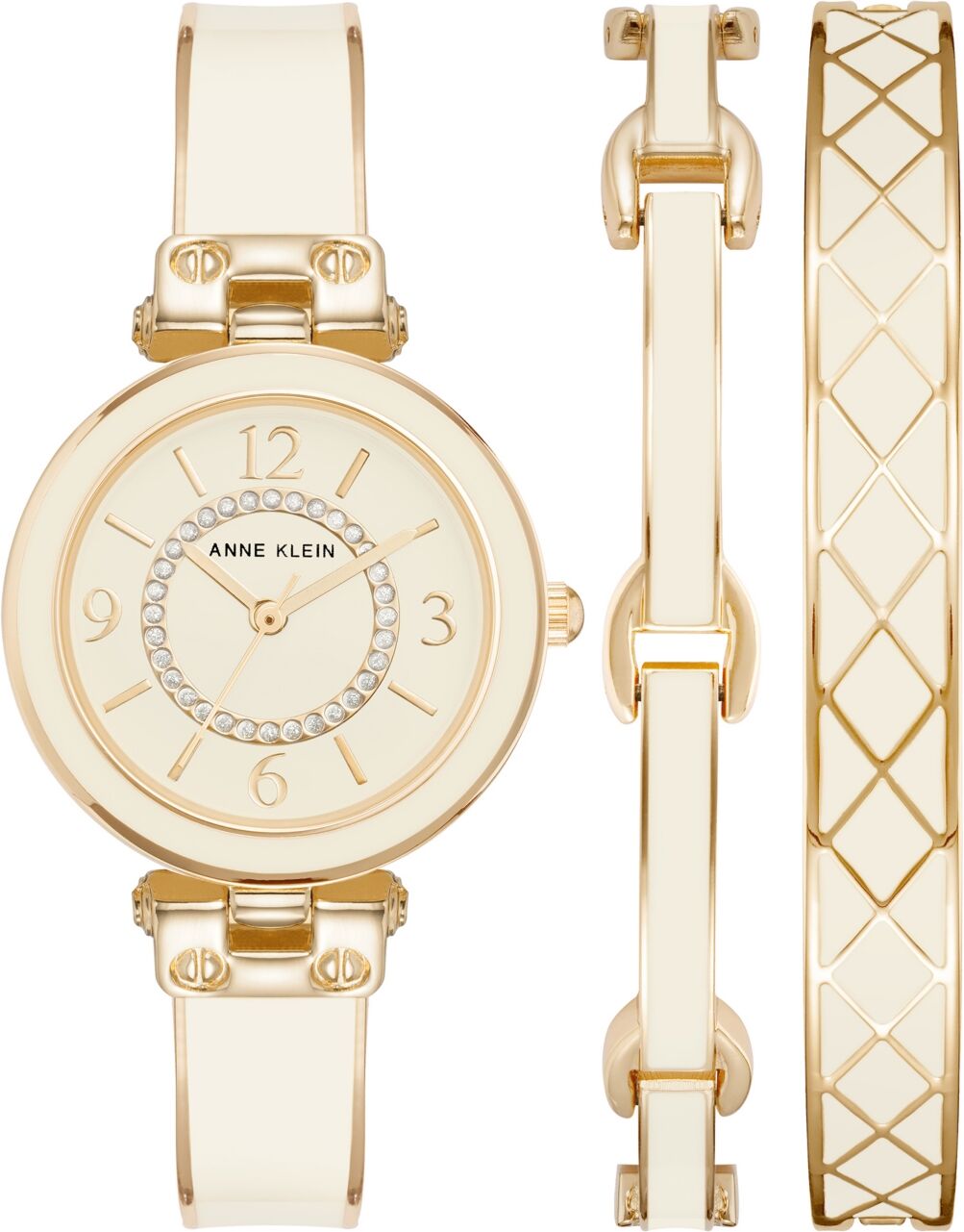 Anne Klein Women's Gold-Tone Alloy Bangle with White Enamel and Crystal Accents Fashion Watch 33mm Set 3 Pieces - Gold-Tone, White