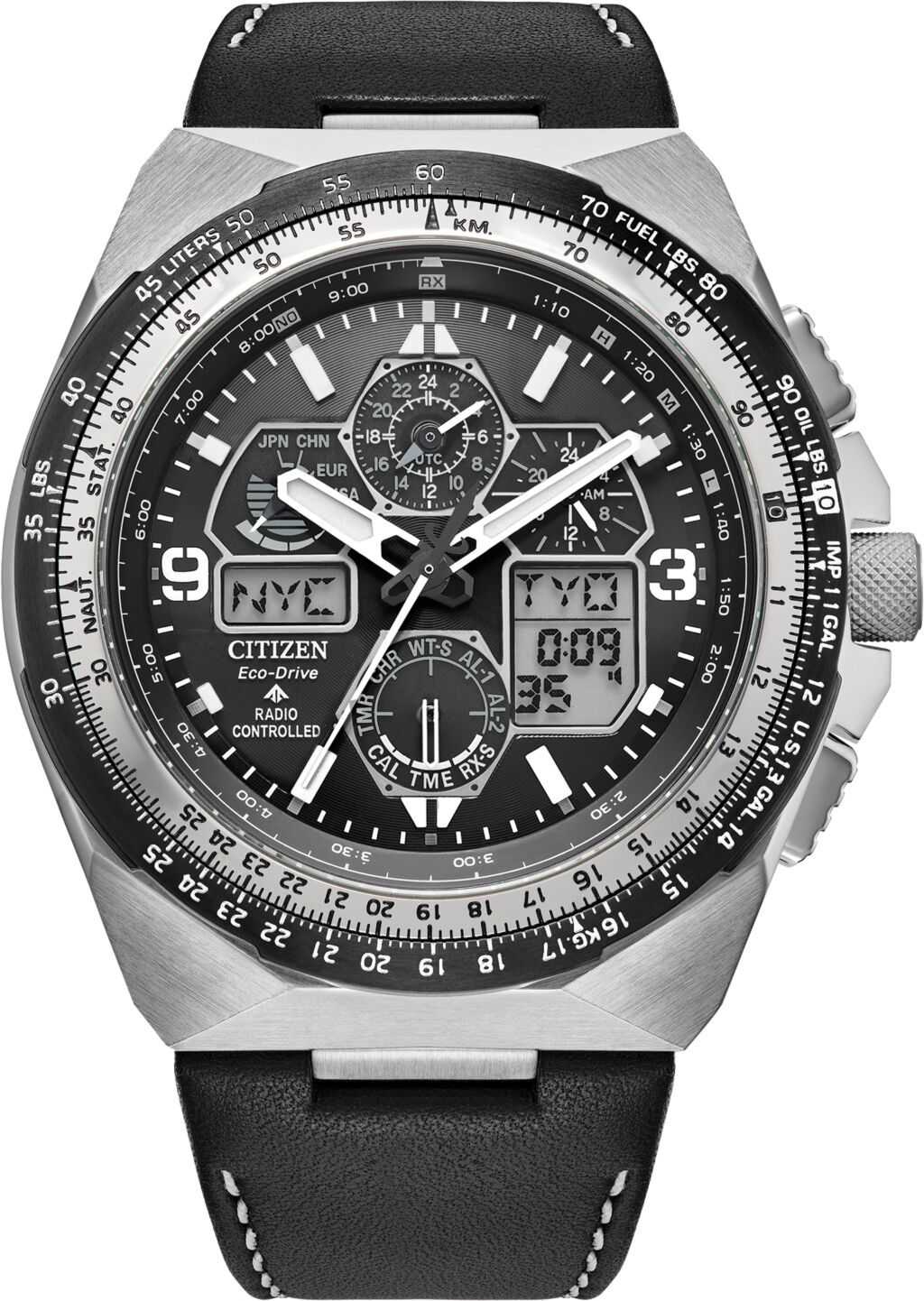 Citizen Eco-Drive Men's Chronograph Promaster Skyhawk Black Leather Strap Watch 46mm - Black