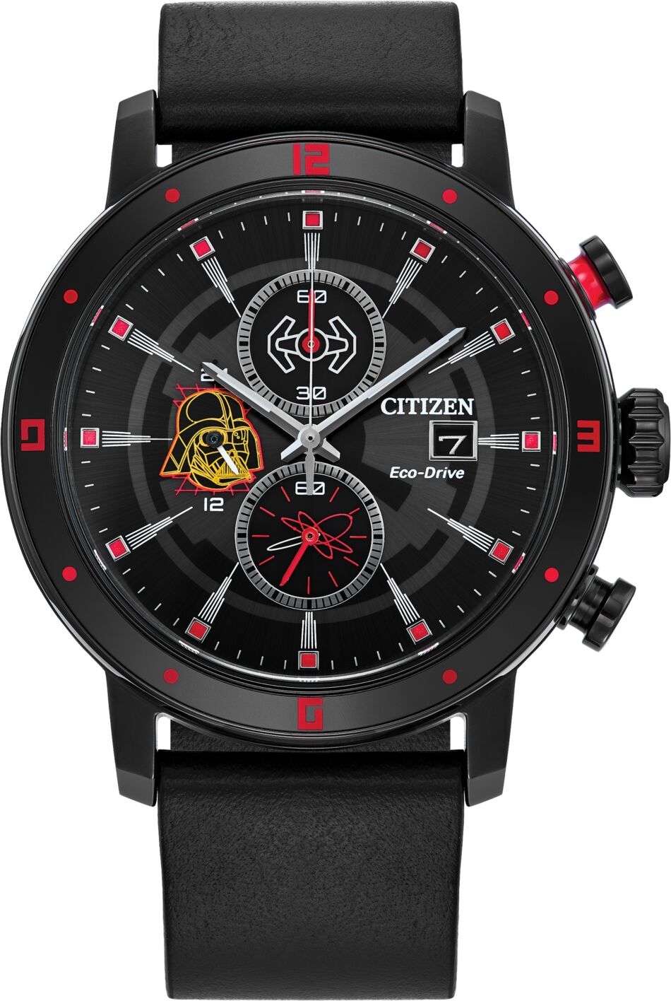 Citizen Eco-Drive Men's Chronograph Star Wars Darth Vader Black Leather Strap Watch 44mm - Black