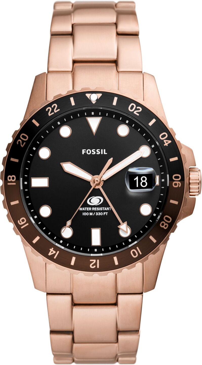 Fossil Men's Blue Gmt Rose Gold-Tone Stainless Steel Watch 42mm - Rose Gold Tone