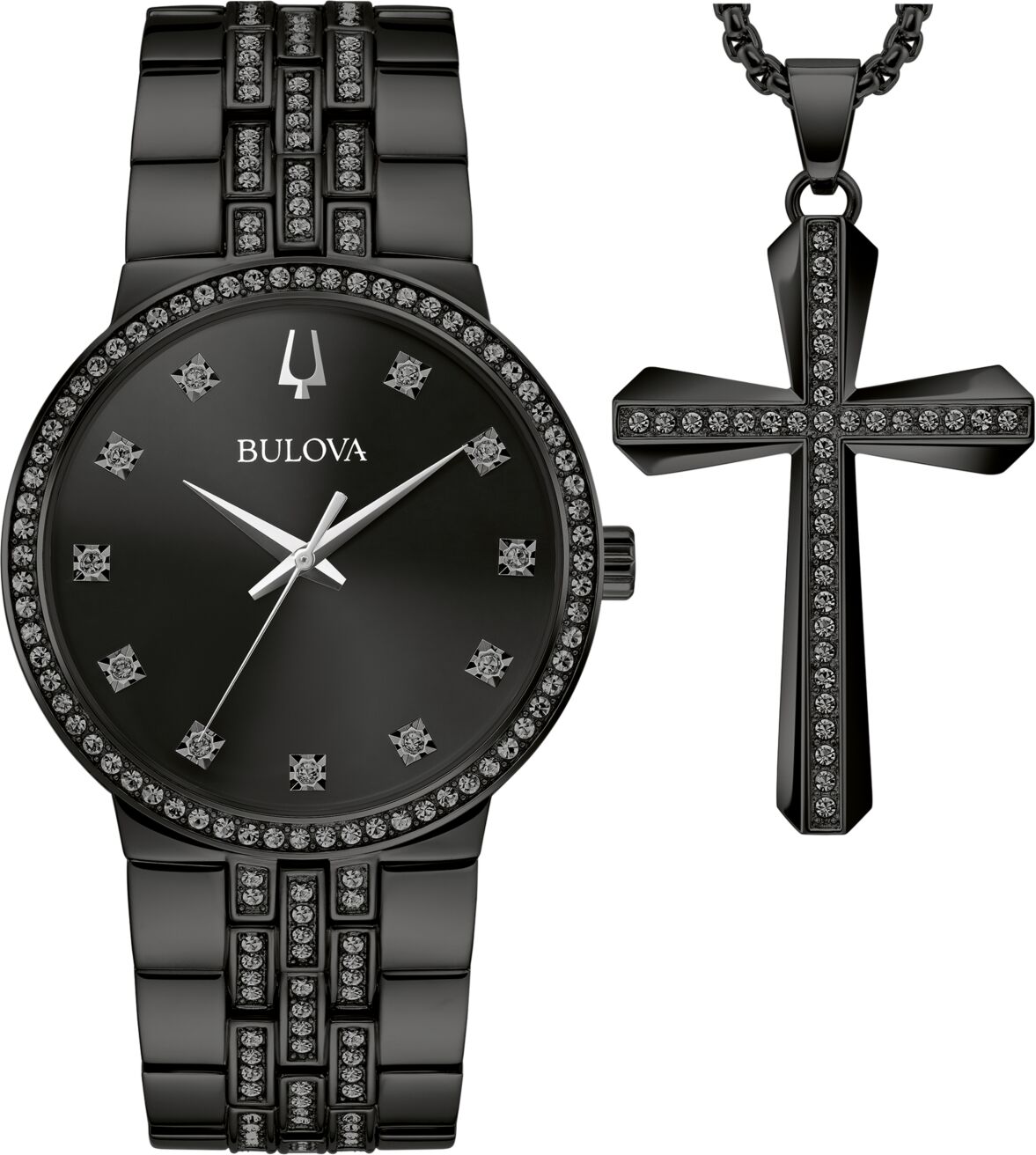 Bulova Men's Classic Crystal Black-Tone Stainless Steel Bracelet Watch 40mm Gift Set - Black