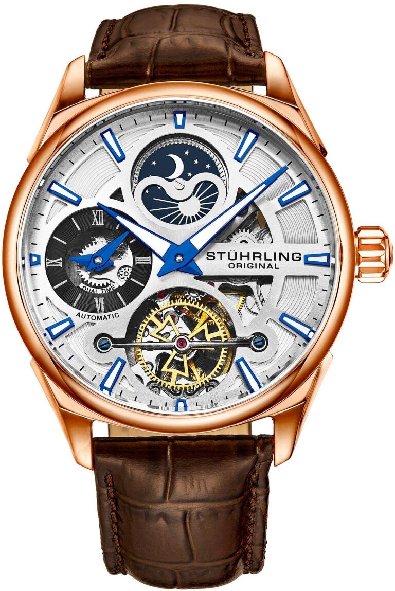 Stuhrling Men's Automatic Self Wind Pink Case, Silver Dial, Brown Leather Strap Watch - Rose Gold