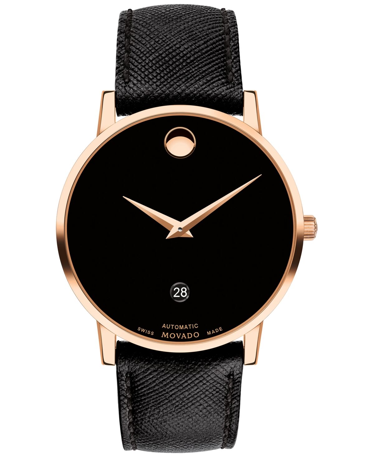 Movado Men's Swiss Automatic Museum Black Calfskin Strap Watch 40mm - Rose Gold