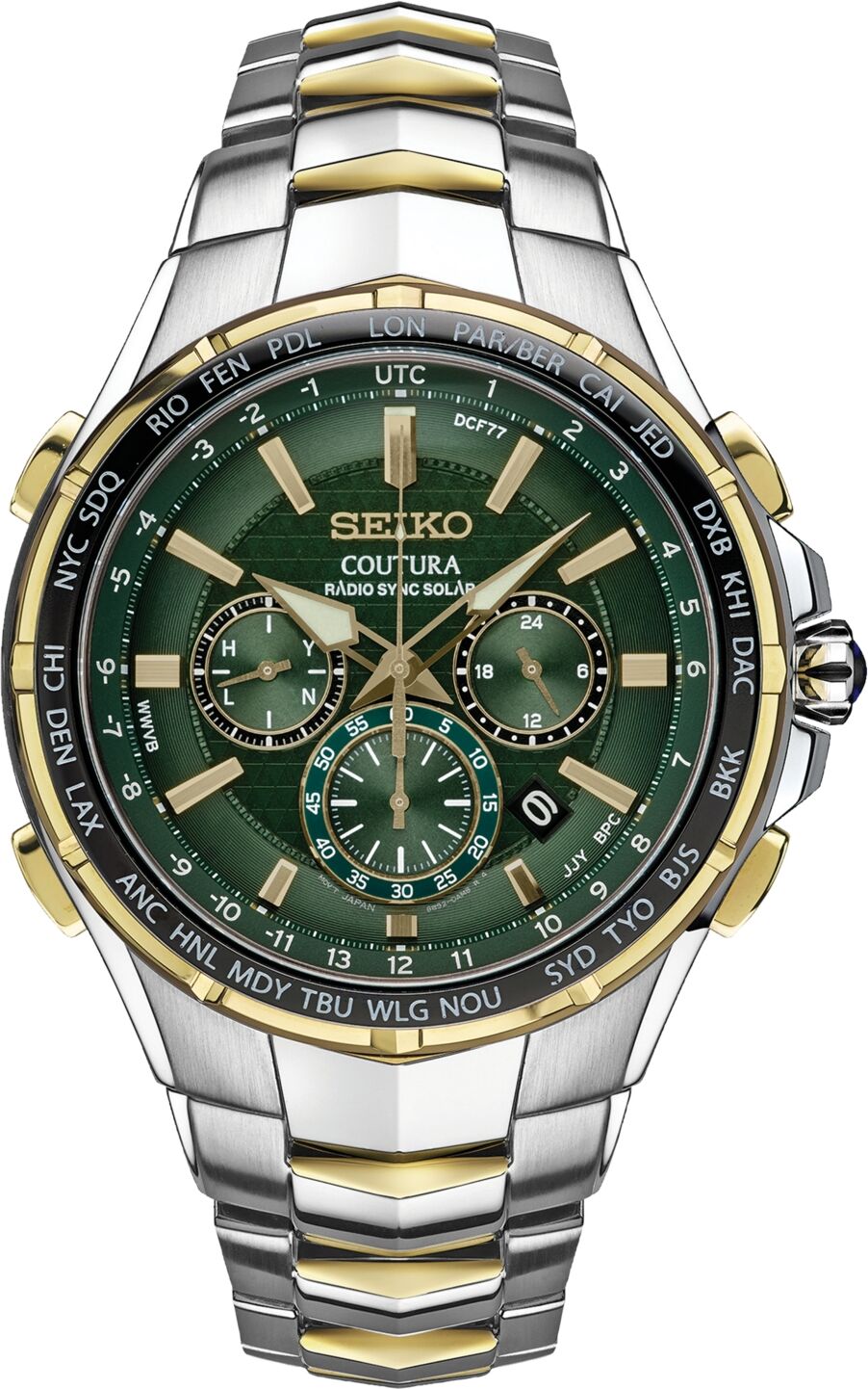 Seiko Men's Chronograph Solar Coutura Radio Sync Two-Tone Stainless Steel Bracelet Watch 45mm - Green