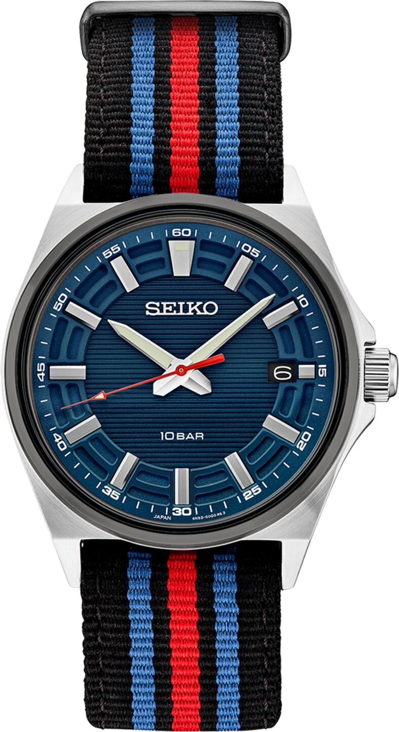 Seiko Men's Analog Essentials Black, Blue & Red Striped Nylon Strap Watch 40mm - Blue