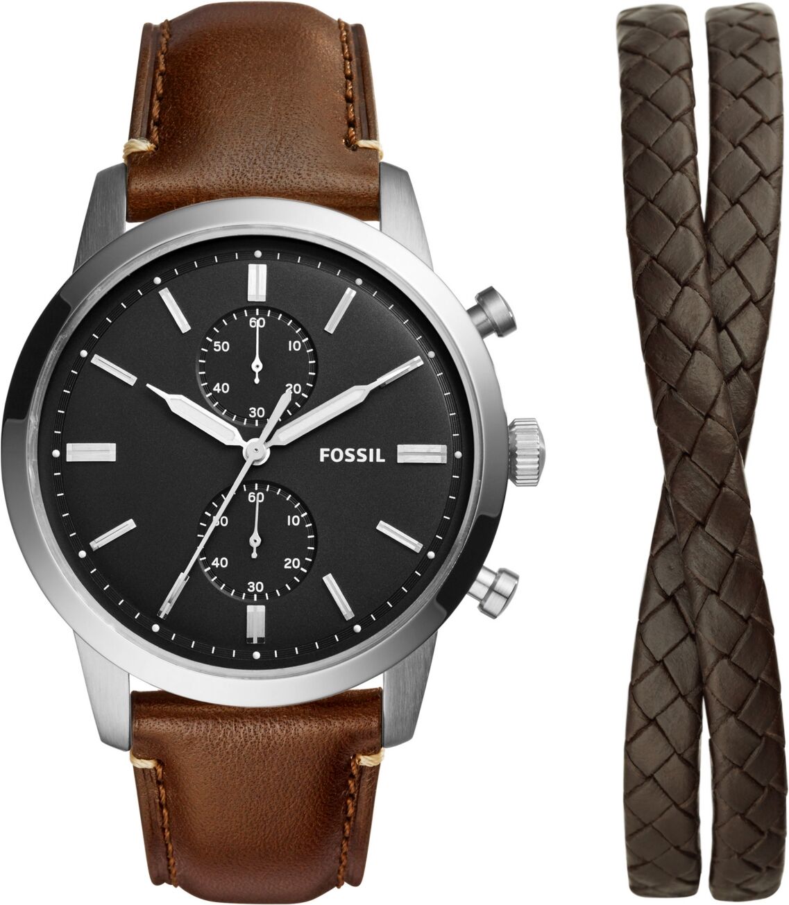 Fossil Men's Townsman Chronograph, Brown Leather Strap Watch, 44mm and Bracelet Set - Brown