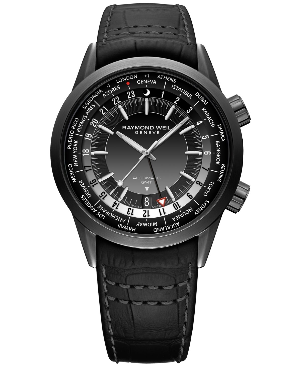 Raymond Weil Men's Swiss Automatic Freelancer Gmt Black Leather Strap Watch 41mm - Black
