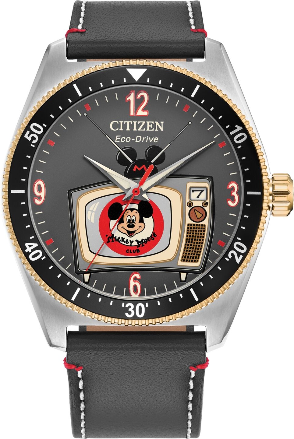 Citizen Eco-Drive Men's Mickey Mouse Club Gray Leather Strap Watch 42mm Box Set - Gray