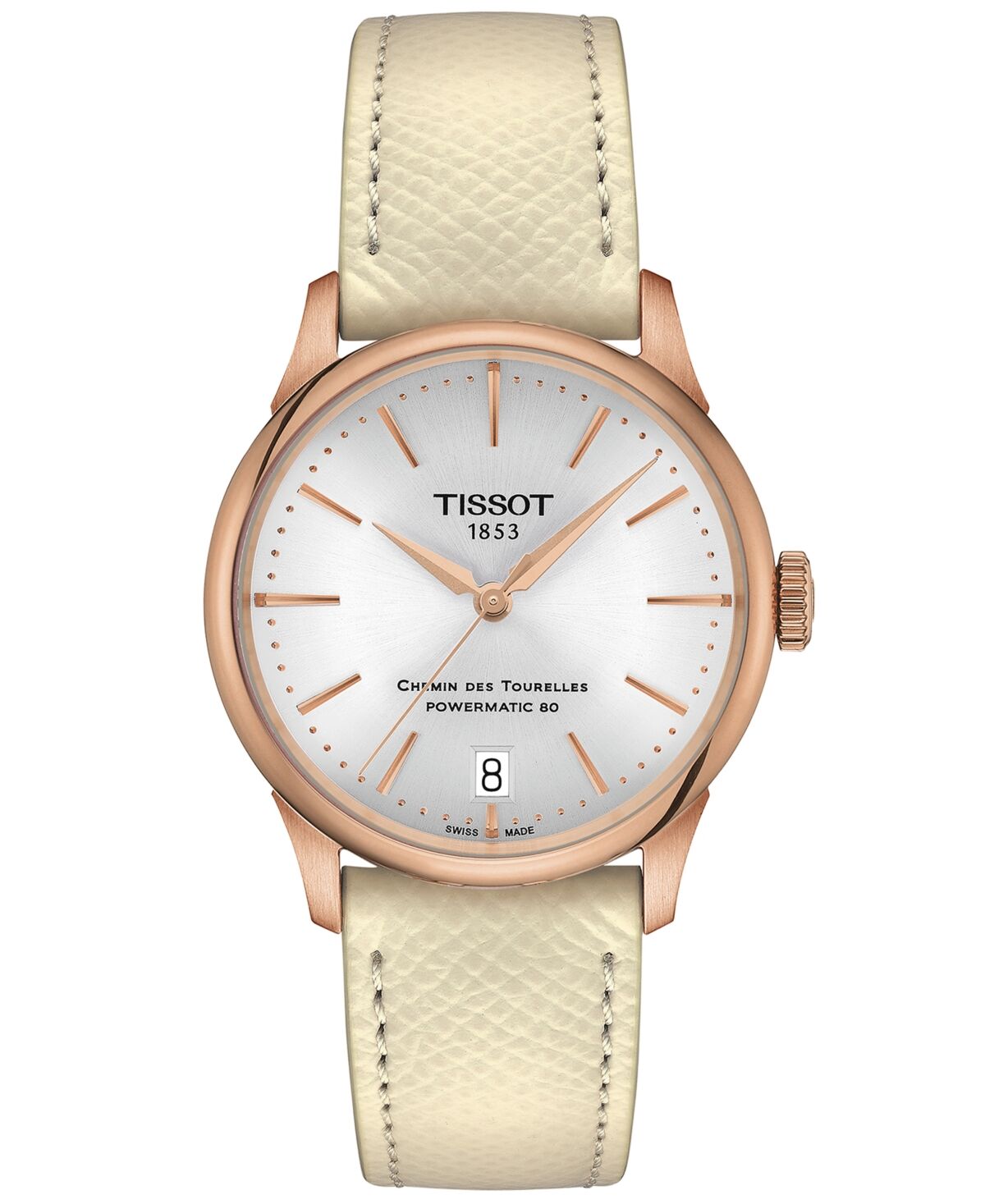 Tissot Women's Swiss Automatic Chemin des Tourelles Powermatic 80 White Leather Strap Watch 34mm