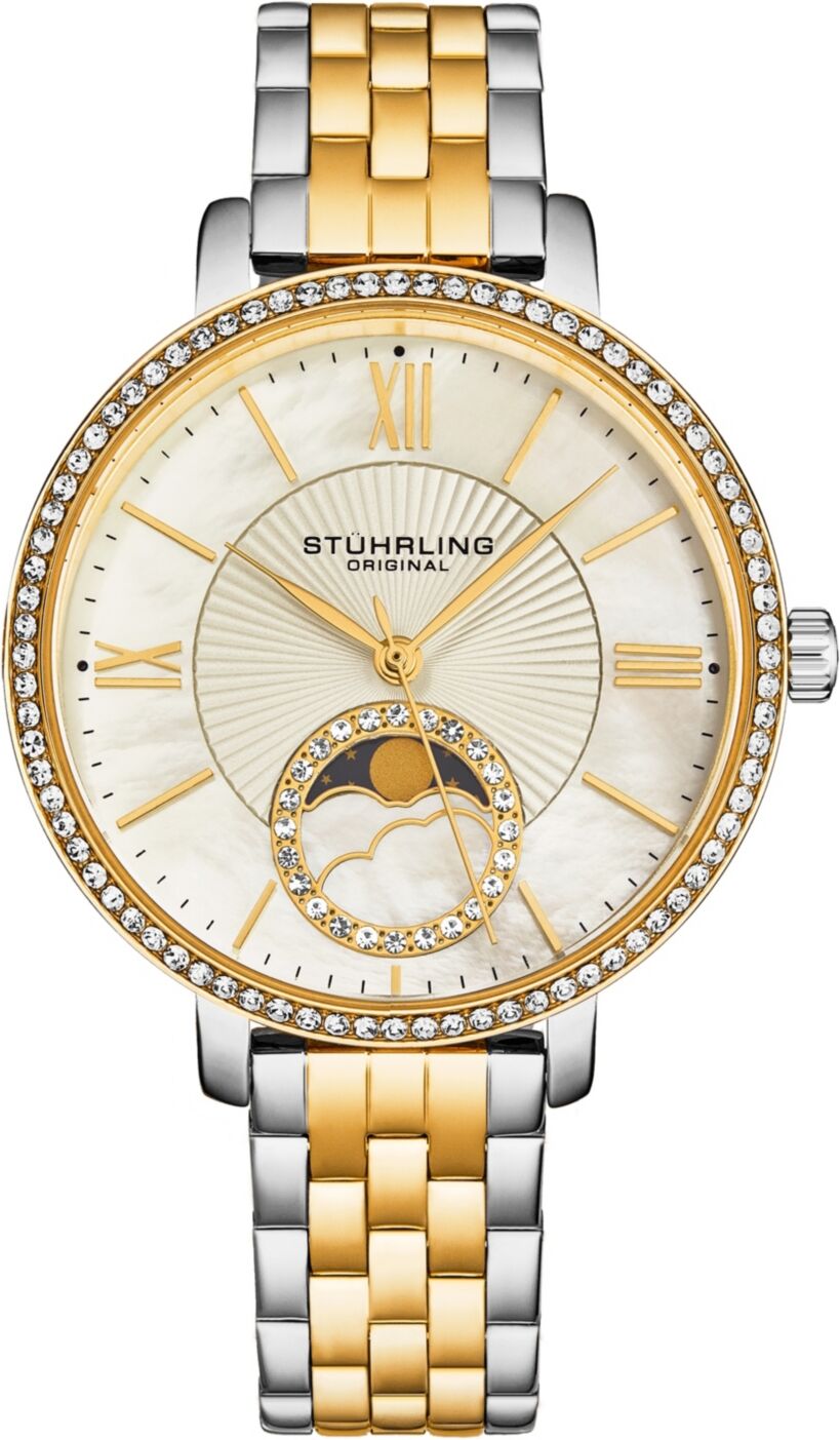 Stuhrling Women's Quartz Sil SIlver Alloy Case, Gold  and Silver Ss Link Bracelet Watch Moonphase  Crystal Studded Bezel White Mother-of-Pearl Dial -