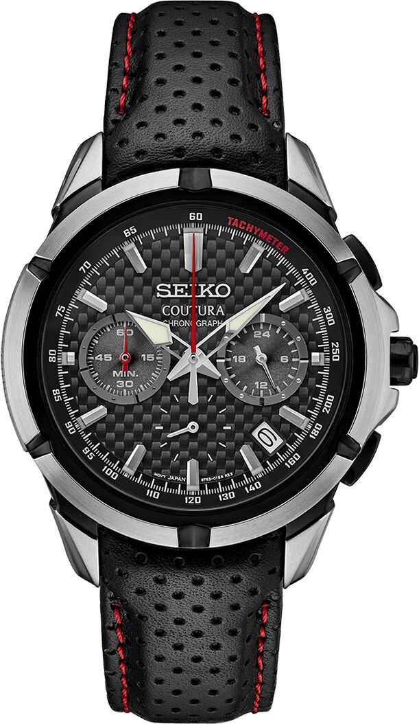 Seiko Men's Chronograph Coutura Black Perforated Leather Strap Watch 42mm - Black