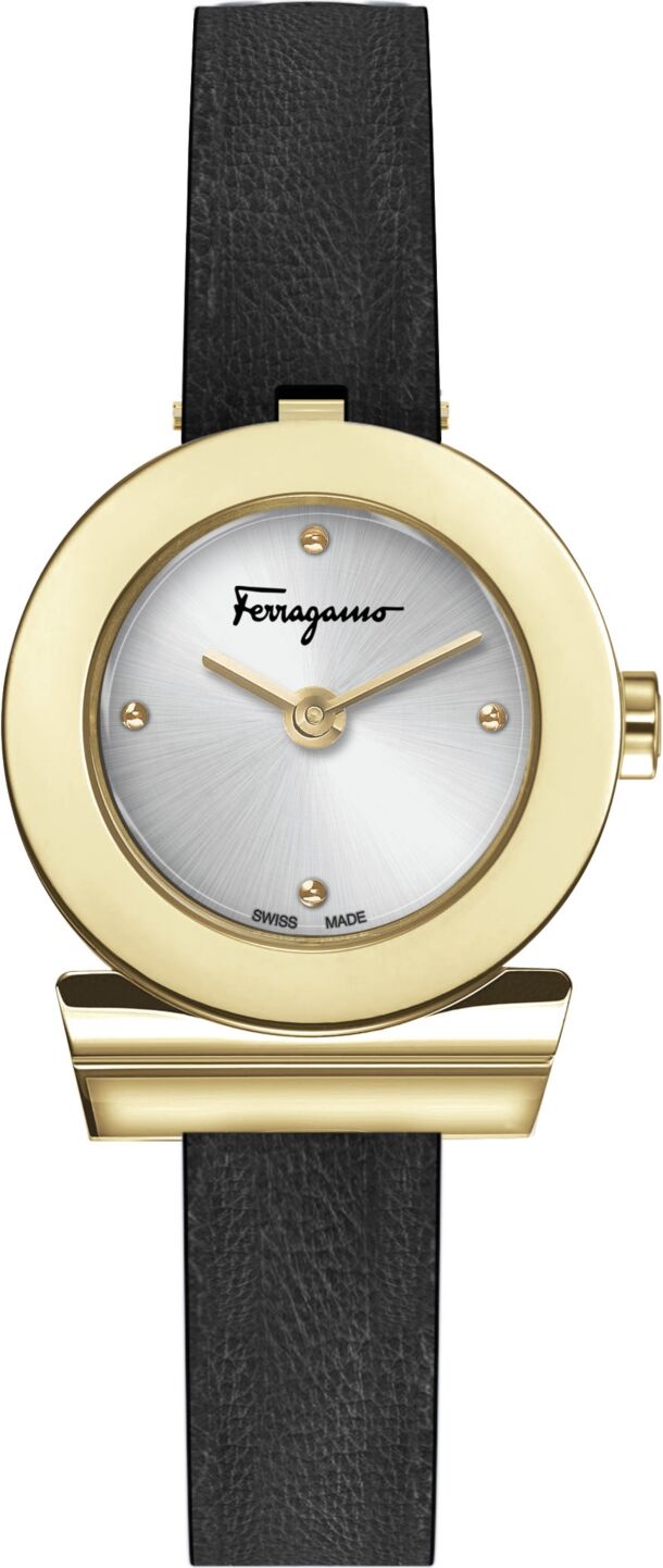 Salvatore Ferragamo Women's Gancino Swiss Black Leather Strap Watch 27mm - Ip Yellow Gold