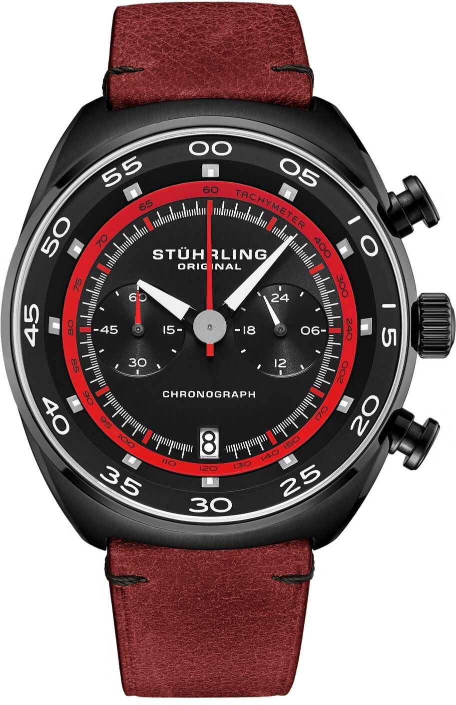 Stuhrling Men's Chrono Red Genuine Leather Strap Watch with Tachymeter 44mm - Black