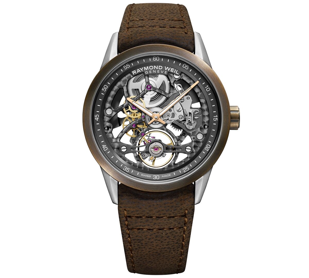 Raymond Weil Men's Swiss Automatic Freelancer Brown Leather Strap Watch 42mm - Bronze
