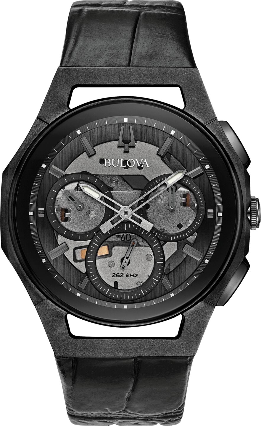 Bulova Men's Chronograph Curv Black Leather Strap Watch 44mm - Black