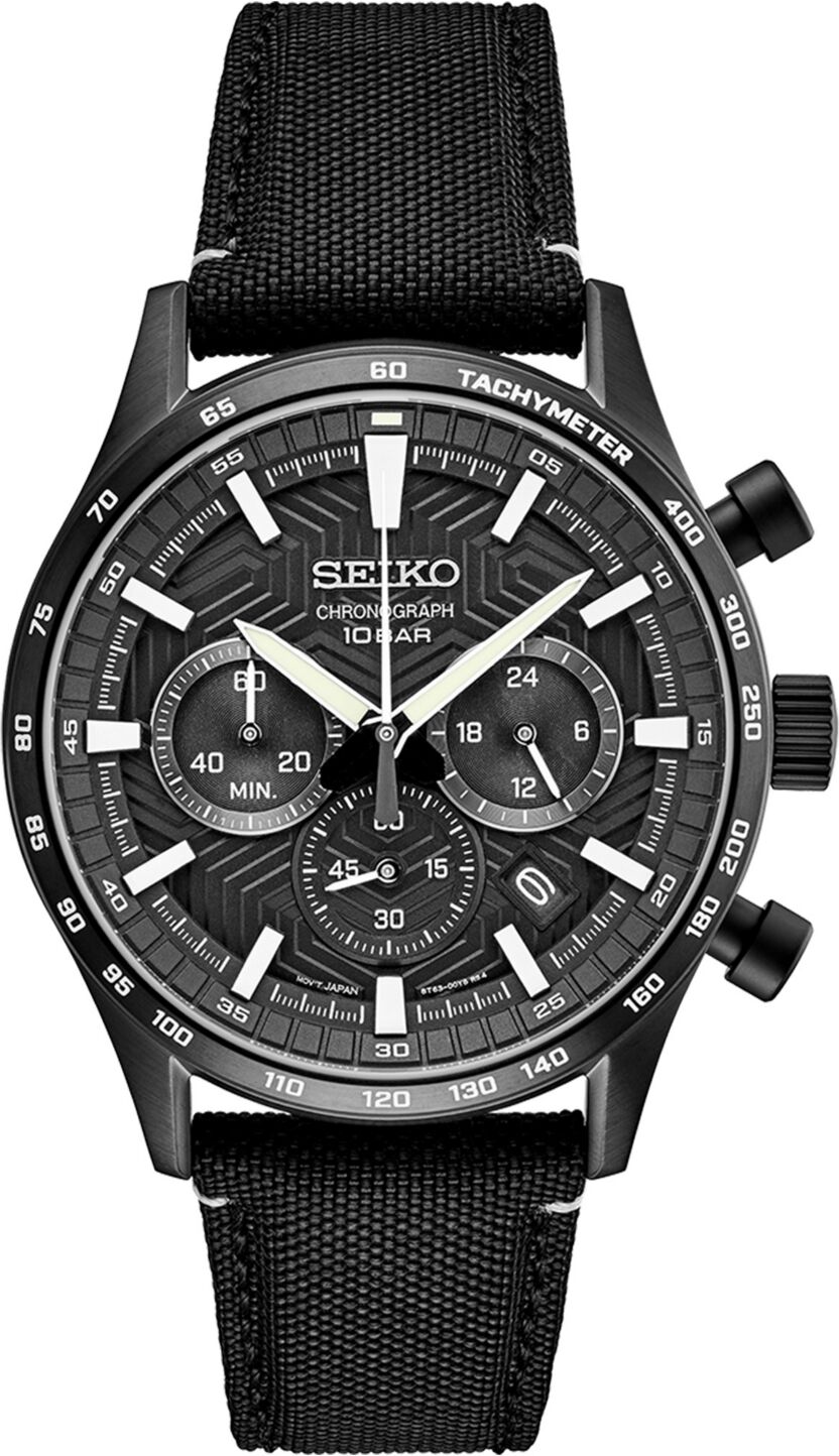 Seiko Men's Chronograph Essentials Black Nylon Strap Watch 43mm - Black