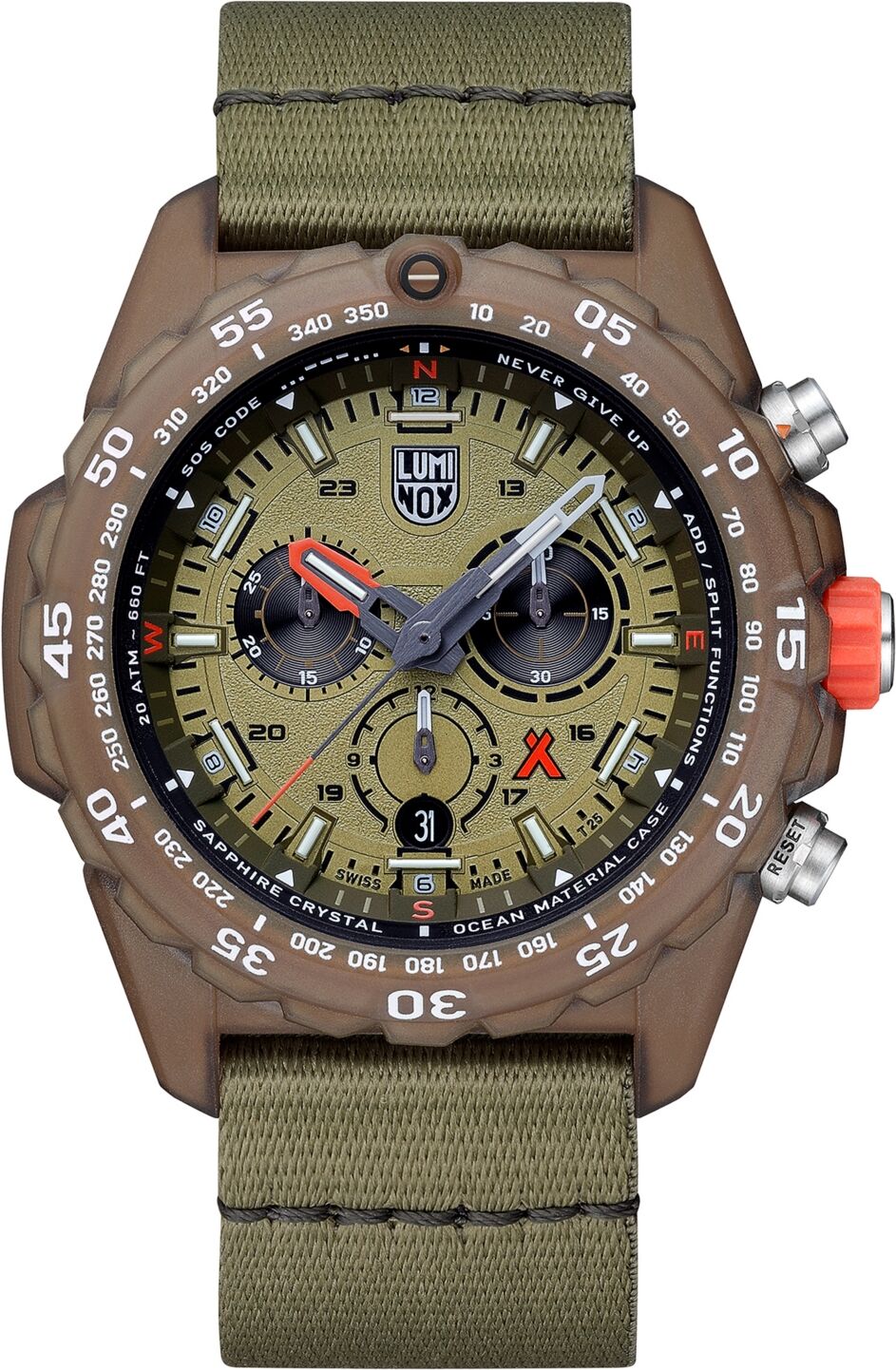 Luminox Men's Swiss Chronograph Bear Grylls Survival Eco Master Series Olive Strap Watch 45mm