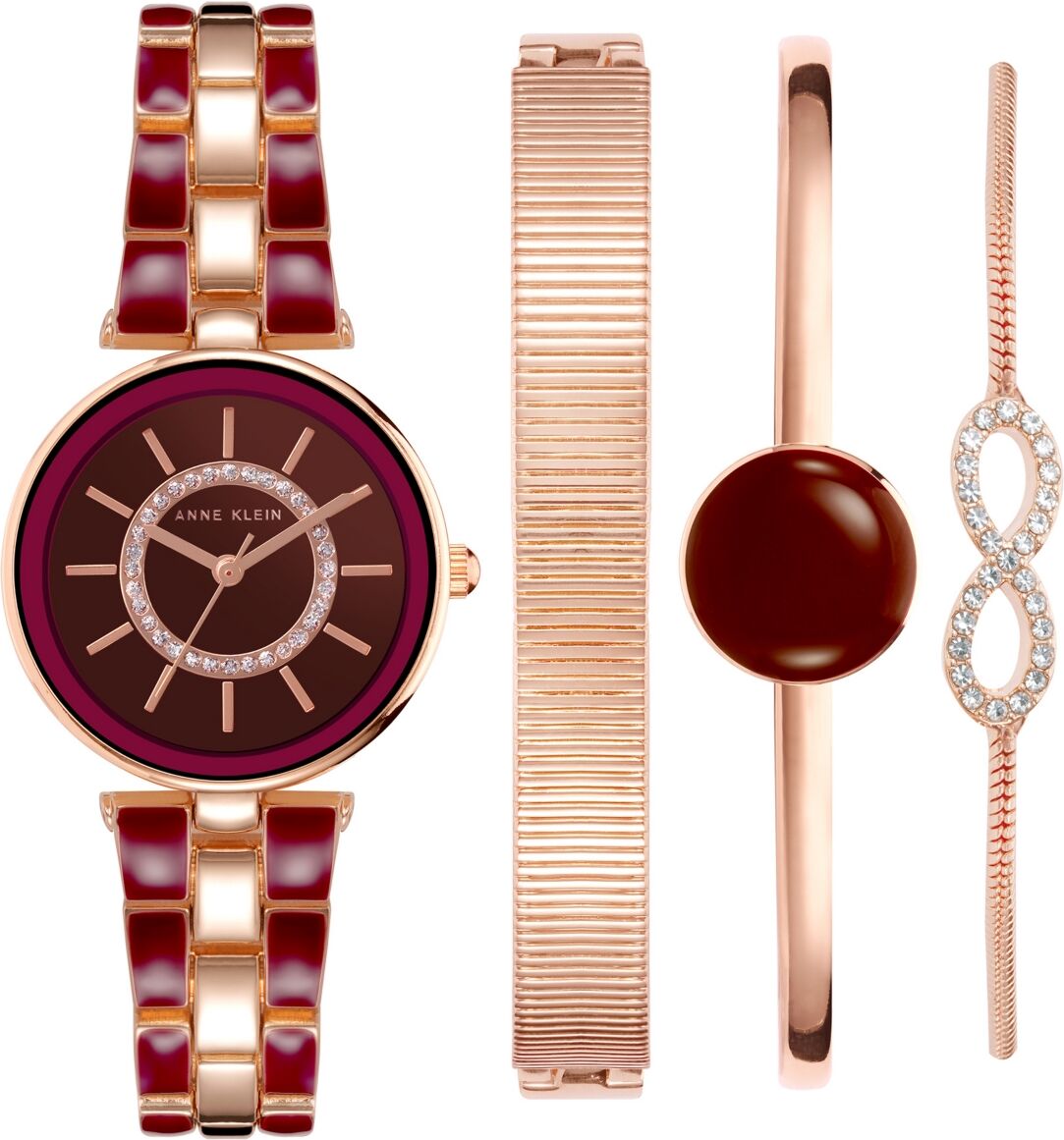 Anne Klein Women's Rose Gold-Tone Alloy Bracelet with Burgundy Enamel and Crystal Accents Fashion Watch 34mm Set 4 Pieces - Rose Gold-Tone, Burgundy