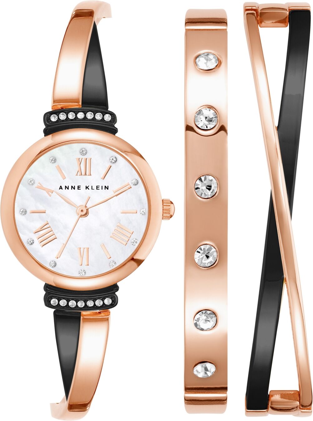 Anne Klein Women's Rose Gold-Tone and Black Alloy Bangle with Crystal Accents Fashion Watch 33mm Set 3 Pieces - Rose Gold-Tone, Black