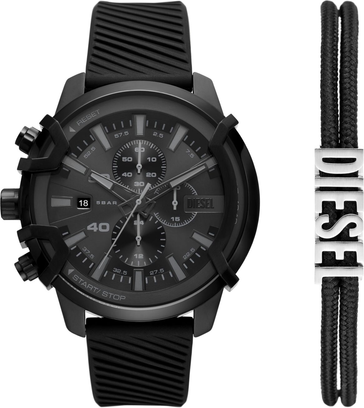 Diesel Men's Griffed Chronograph Black Silicone Watch 48mm Gift Set - Black