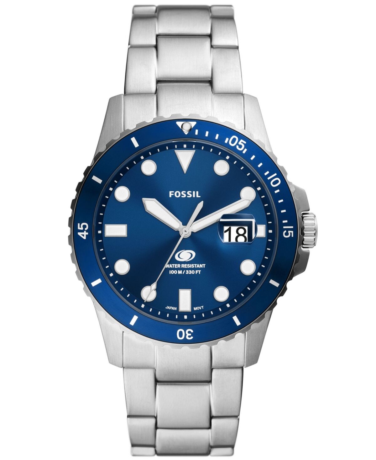 Fossil Men's Blue Dive Three-Hand Date Silver-Tone Stainless Steel Watch 42mm - Silver-Tone