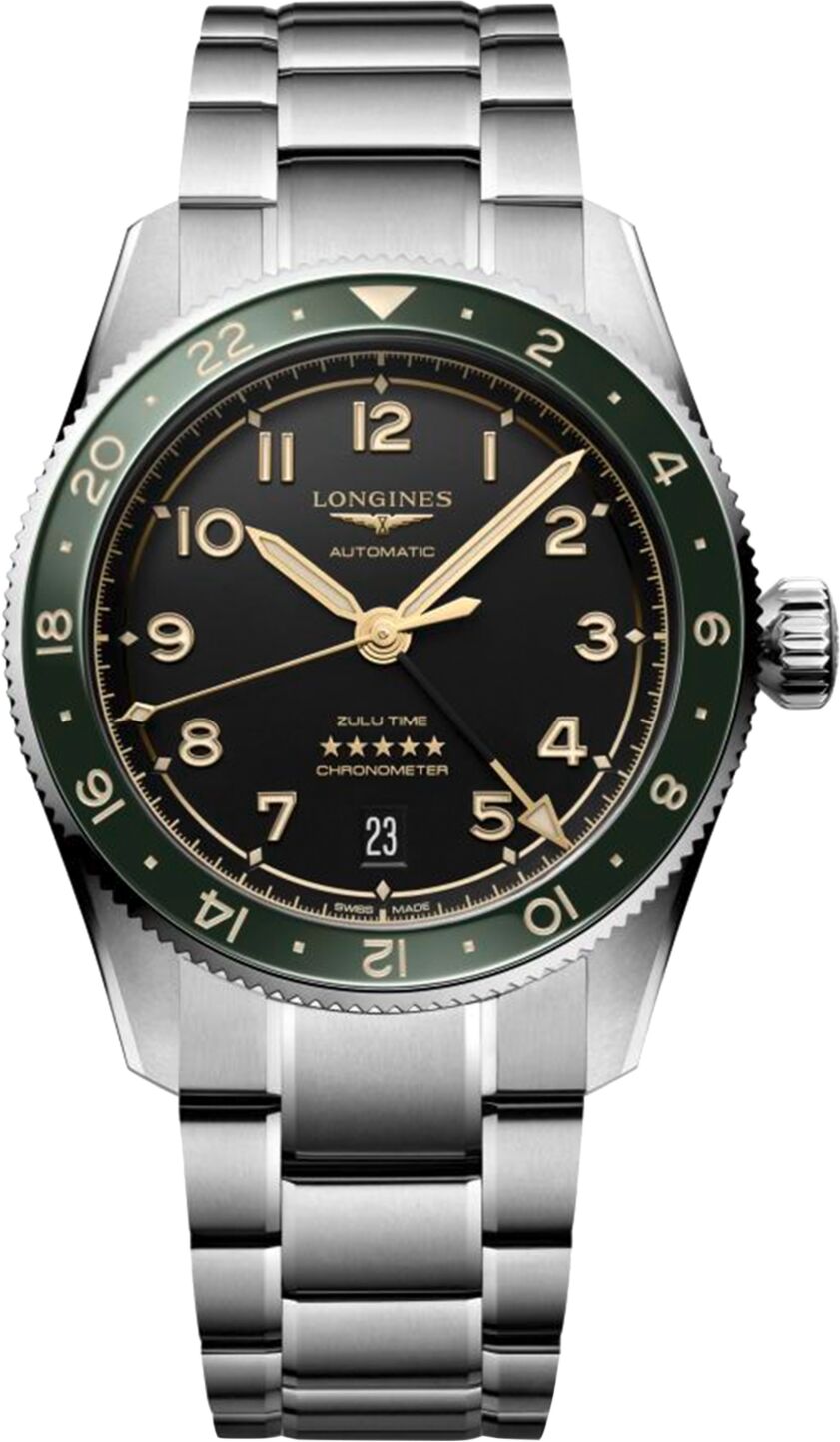 Longines Men's Swiss Automatic Spirit Zulu Time Stainless Steel Bracelet Watch 39mm - Silver And Green Ceramic Bezel