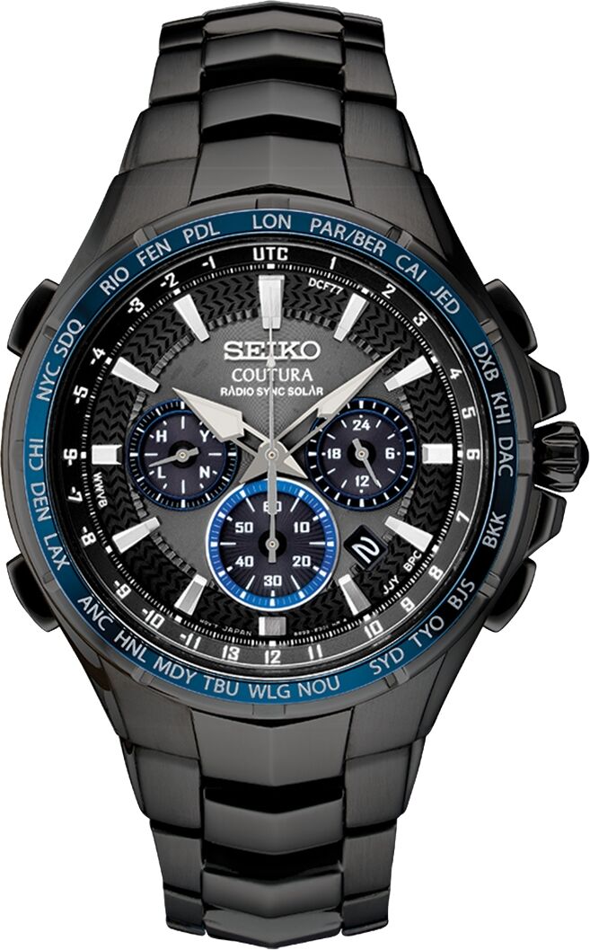 Seiko Men's Radio Sync Solar Chronograph Coutura Black Stainless Steel Bracelet Watch 44.5mm