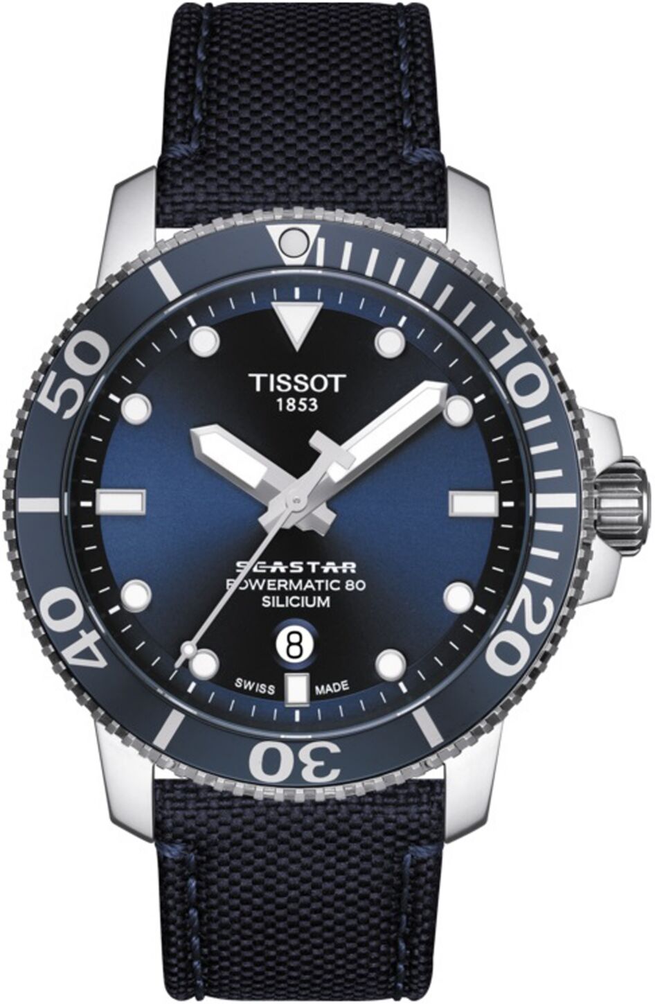 Tissot Men's Swiss Automatic T-Sport Seastar 1000 Powermatic 80 Silicium Blue Fabric Strap Diver Watch 43mm - Blue