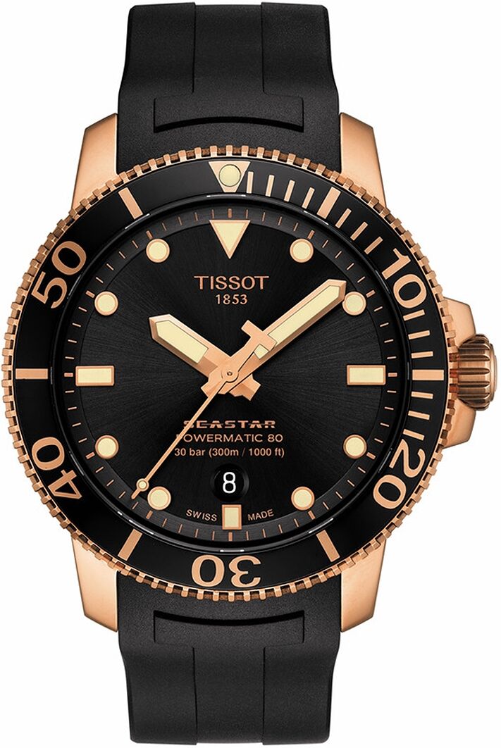 Tissot Men's Swiss Automatic Seastar 1000 Powermatic 80 Black Rubber Strap Watch 43mm - Black