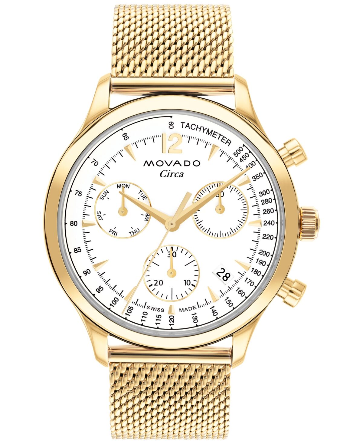 Movado Men's Swiss Chronograph Heritage Series Circa Gold Ion Plated Steel Mesh Bracelet Watch 43mm - Gold