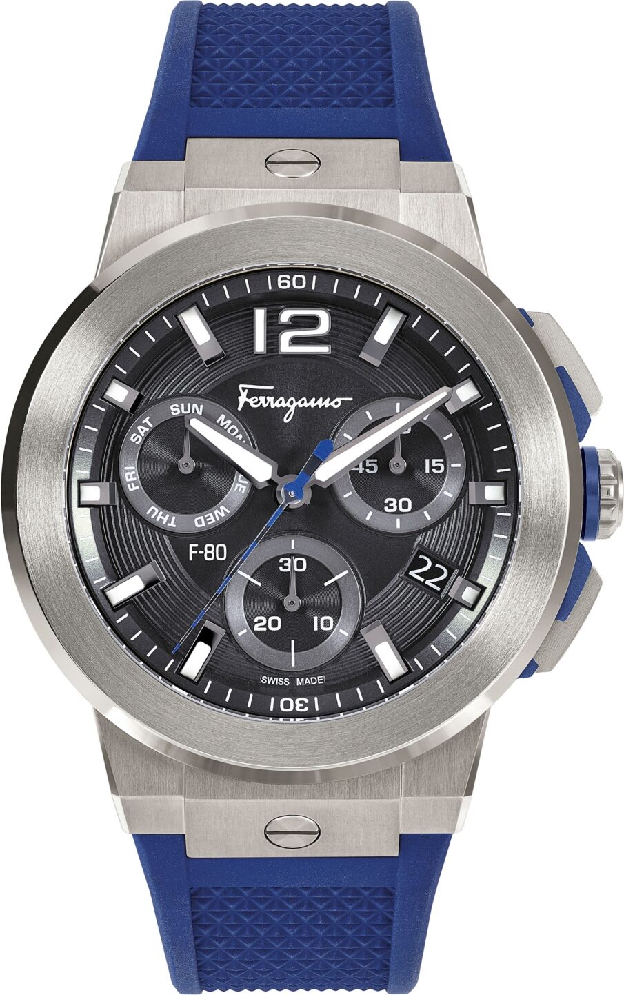 Salvatore Ferragamo Men's Swiss Chronograph F-80 Blue Silicone Strap Watch 44mm - Titanium