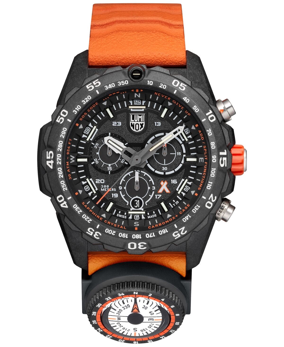 Luminox Men's Swiss Chronograph Bear Grylls Survival Master Series Compass Orange Rubber Strap Watch 45mm
