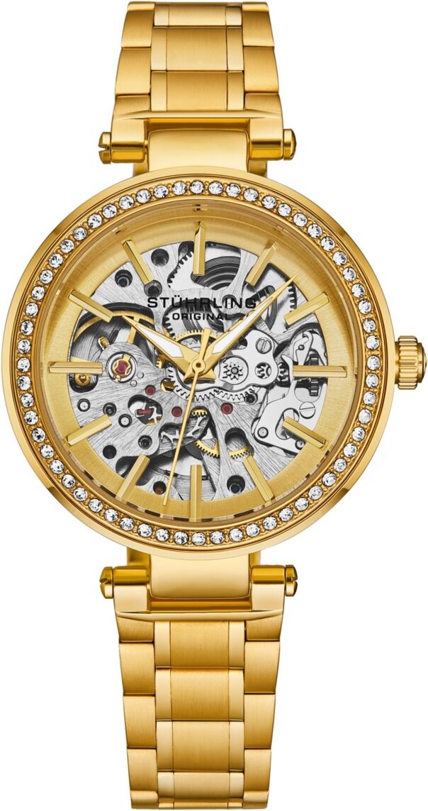 Stuhrling Women's Automatic Alloy Gold Case, Skeleton Dial, Gold Ss Link Bracelet Watch Crystal Studded Gold Bezel - Gold