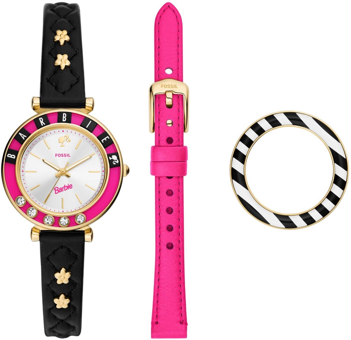 Fossil Barbie x Fossil Limited Edition Three-hand Quartz Black Litehide Leather Watch 28mm and Interchangeable Strap Set, 28mm - Black