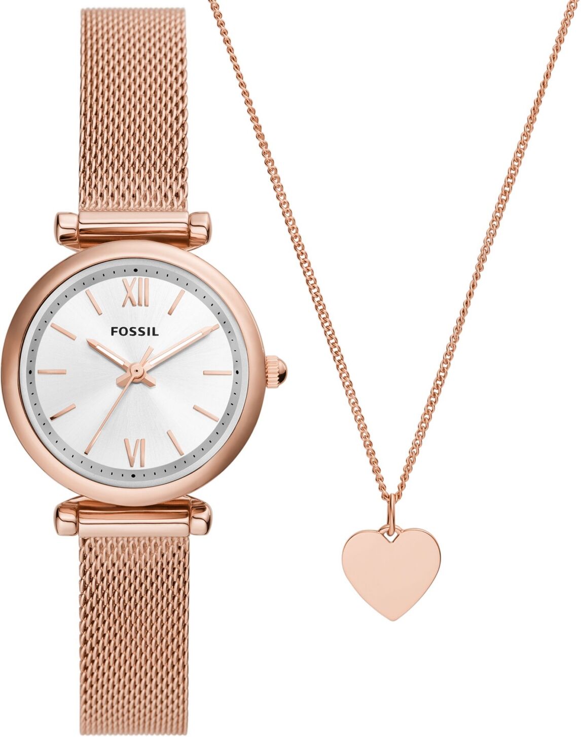 Fossil Women's Carlie Three-Hand Rose Gold-Tone Stainless Steel Mesh Watch 28mm and Necklace Box Gift Set - Rose Gold Tone