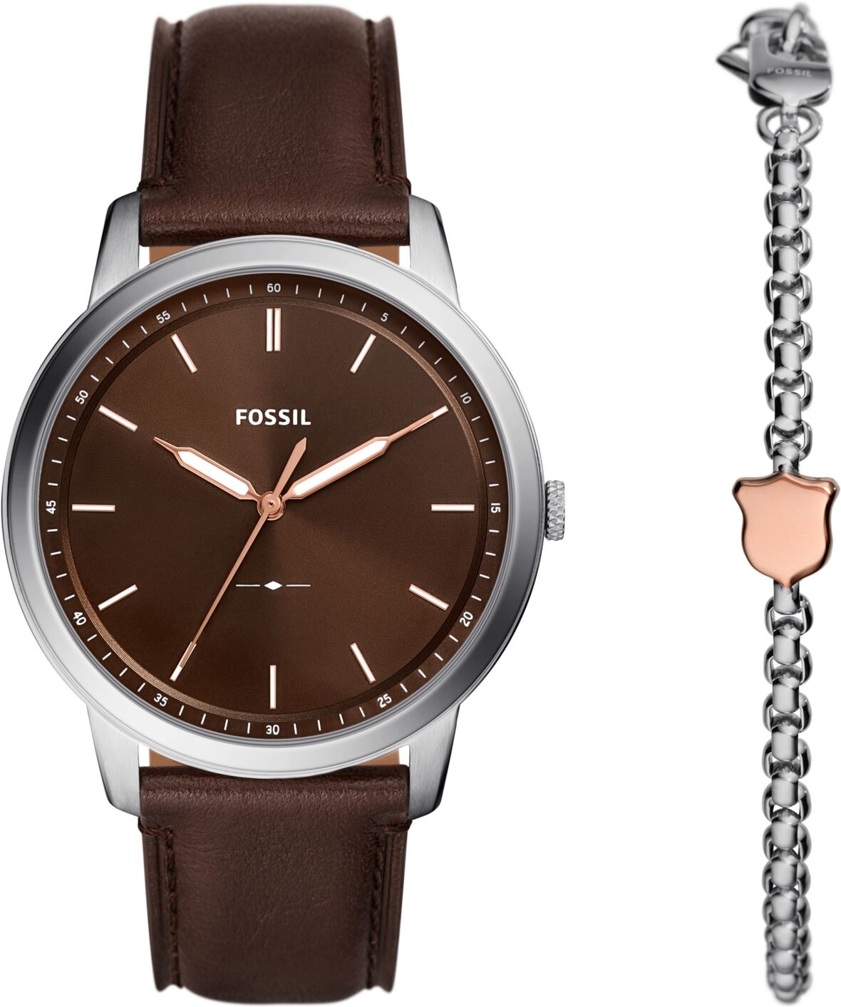 Fossil Men's Minimalist Three-Hand Brown Leather Watch 44mm and Bracelet Box Gift Set - Brown