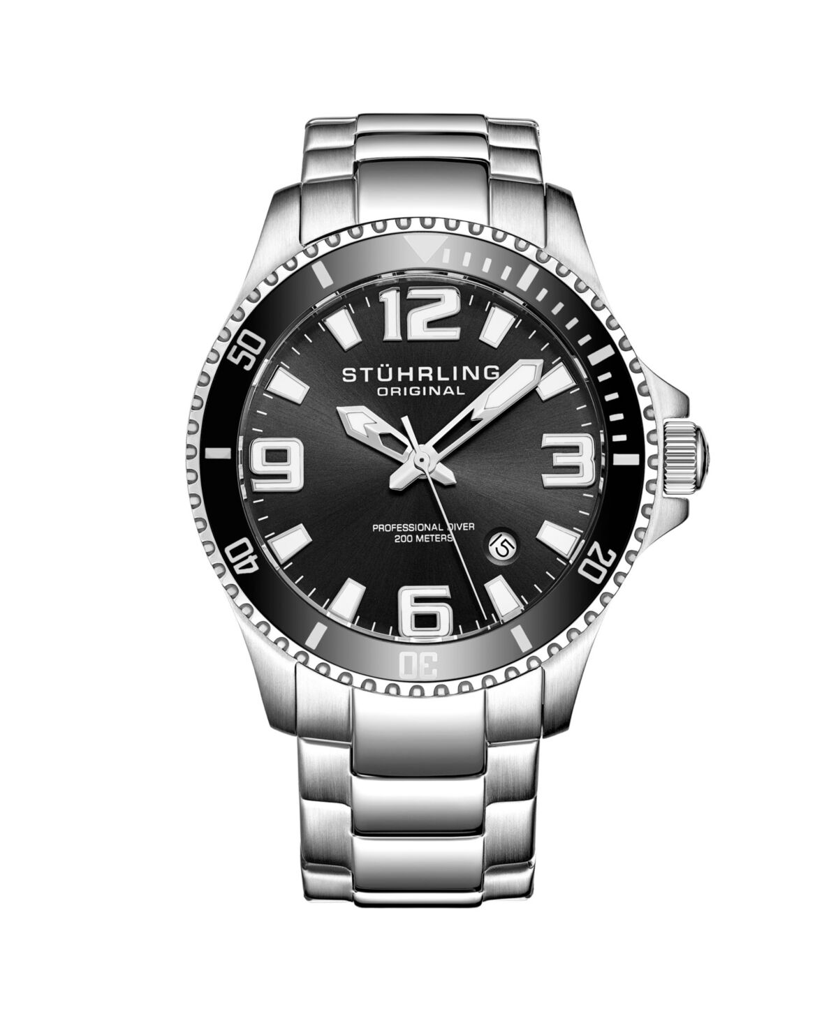 Stuhrling Men's Stainless Steel Case on Link Bracelet, Black Bezel Watch, Black Dial, with White and Silver Accents - Black