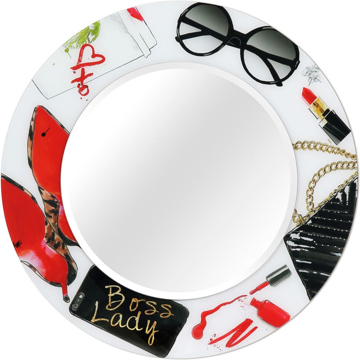 Empire Art Direct Boss Lady Round Beveled Wall Mirror on Free Floating Reverse Printed Tempered Art Glass, 36