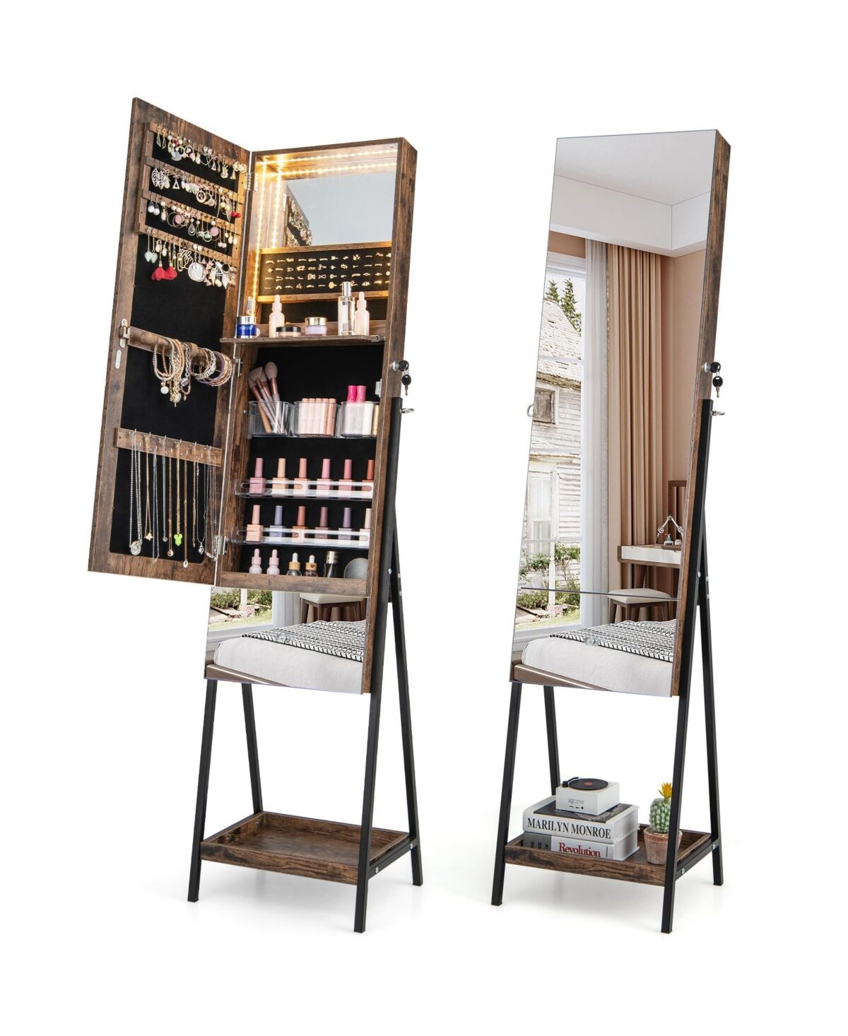 Sugift Lockable Freestanding Jewelry Organizer with Full-Length Frameless Mirror-Rustic Brown - Brown Overflow