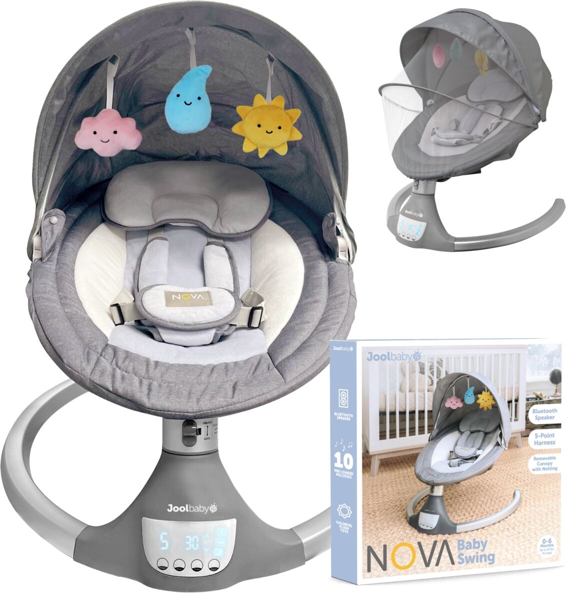 Jool Baby Nova Baby Swing for Newborns - Electric Motorized Infant Swing, Bluetooth Music, 10 Preset Melodies, Remote - Jool Baby - Grey