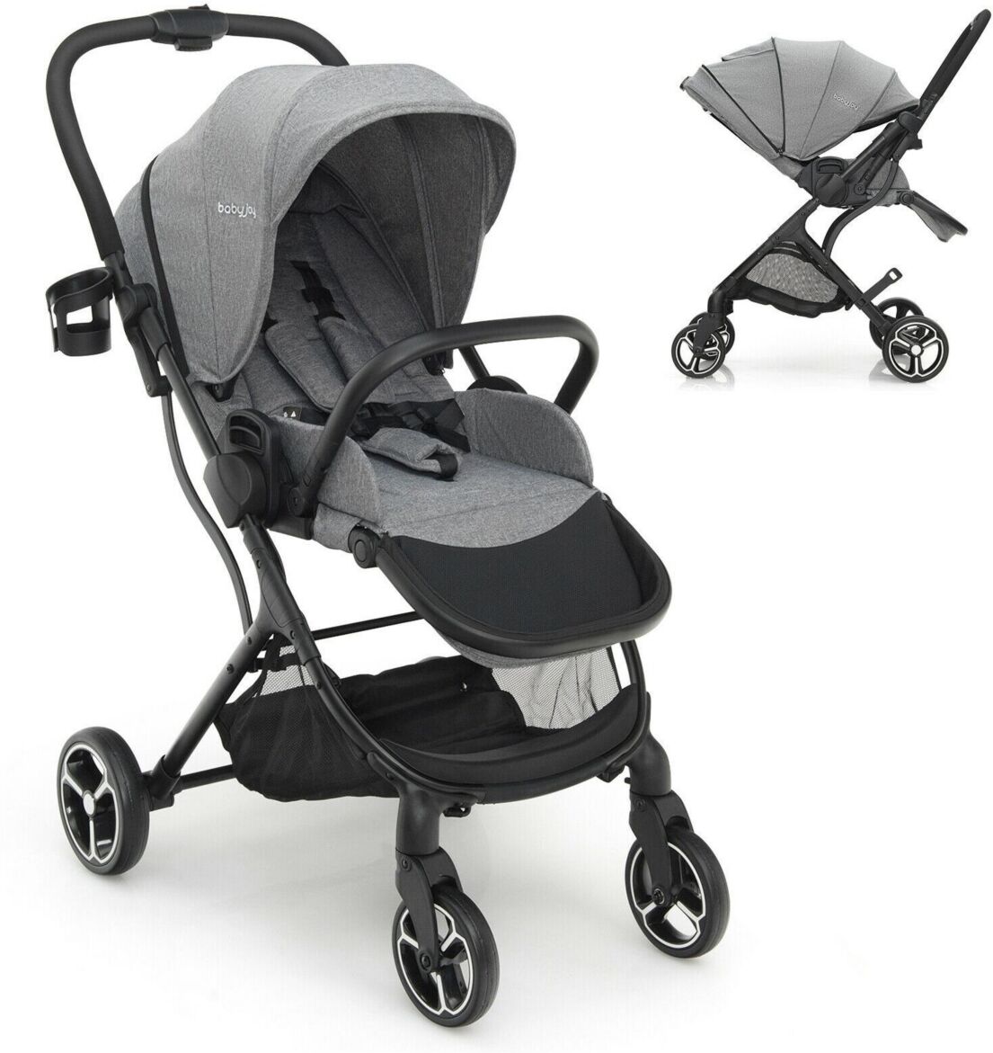 Slickblue High Landscape Foldable Baby Stroller with Reversible Reclining Seat - Grey