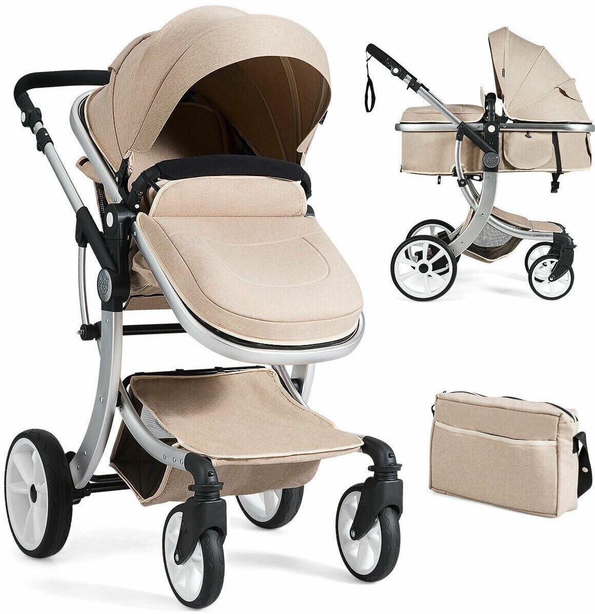 Costway Folding Aluminum Infant Bassinet Reversible Baby Stroller - Beige, Khaki