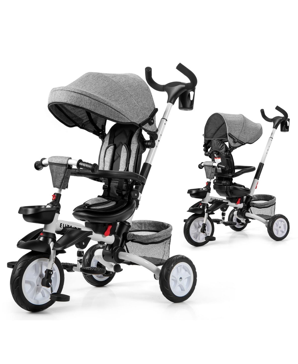 Costway 6-In-1 Kids Baby Stroller Tricycle Detachable Learning Toy Bike w/ Canopy - Grey