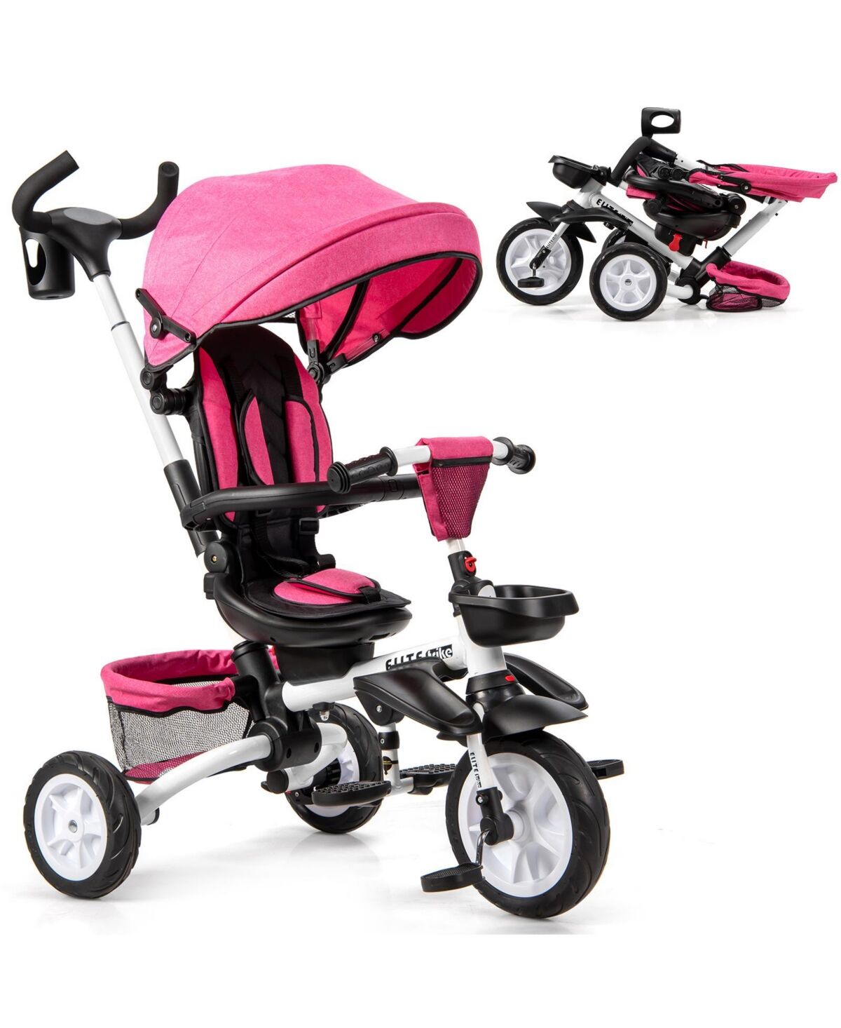Costway 6-In-1 Kids Baby Stroller Tricycle Detachable Learning Toy Bike w/ Canopy - Pink