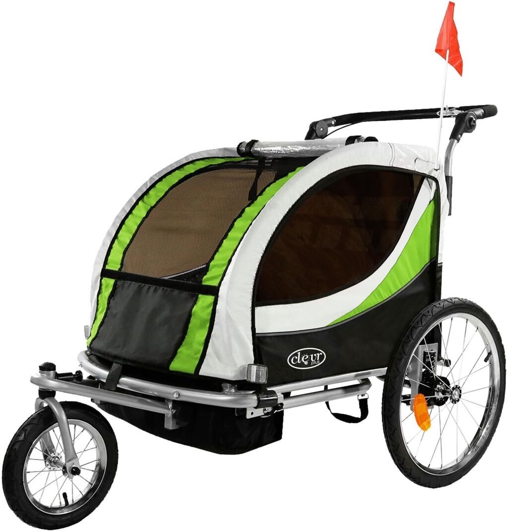 ClevrPlus Deluxe 3-in-1 Double Seat Bike Trailer Stroller Jogger for Kids, Green - Green