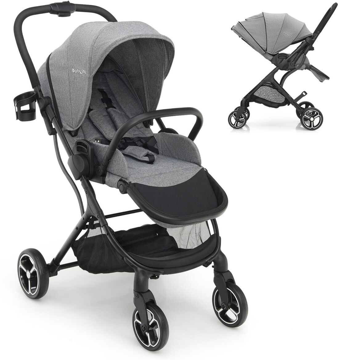 Costway High Landscape Foldable Baby Stroller w/ Reversible Reclining Seat - Grey