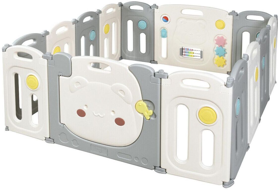 Slickblue 14-Panel Foldable Baby Playpen Safety Yard with Storage Bag - White, Grey