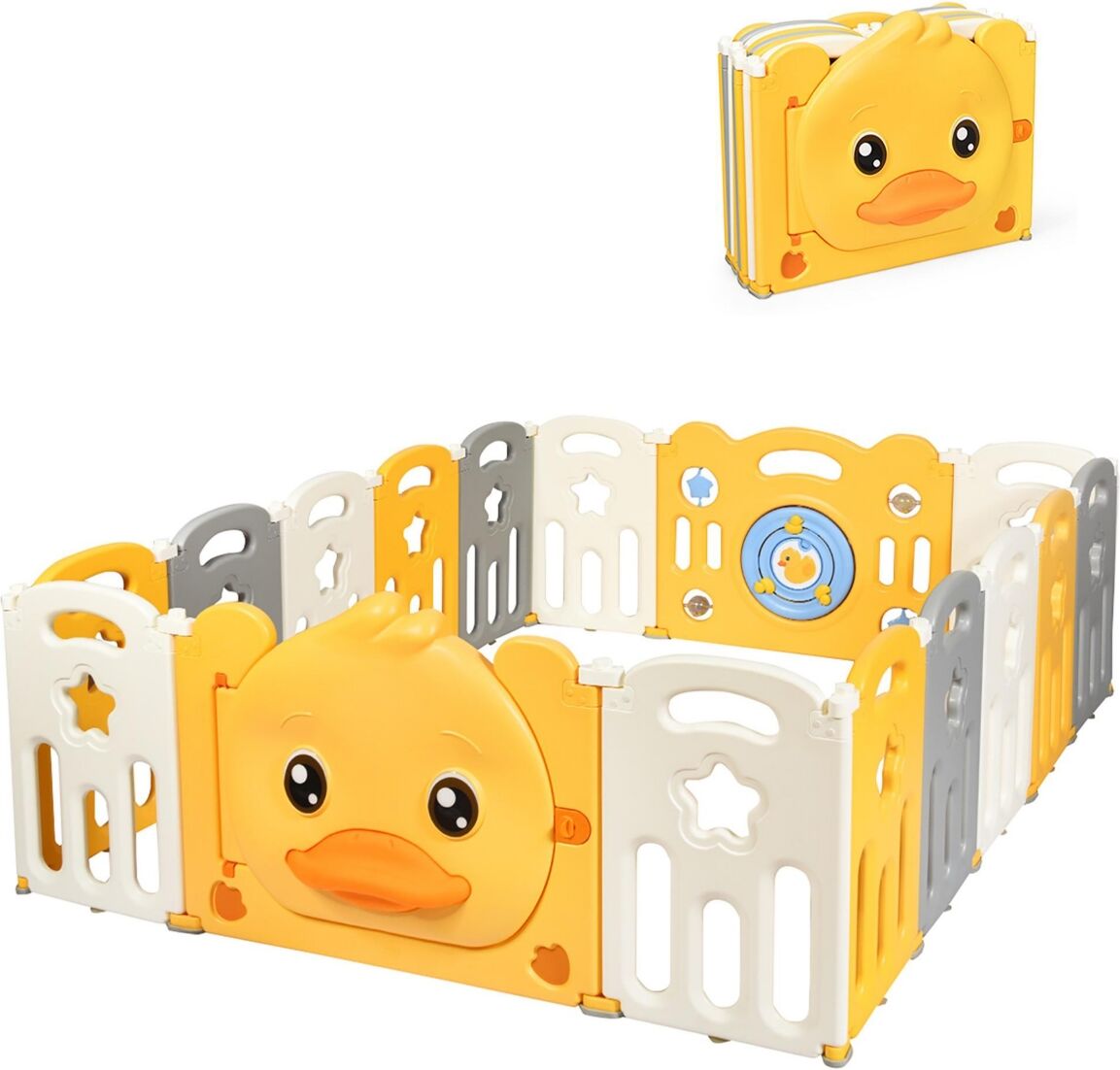 Costway 16-Panel Foldable Baby Playpen Kids Yellow Duck Yard - Yellow