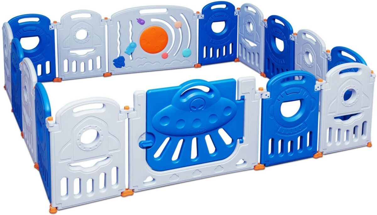 Slickblue 16-Panel Baby Playpen Safety Play Center with Lockable Gate-Blue - Blue