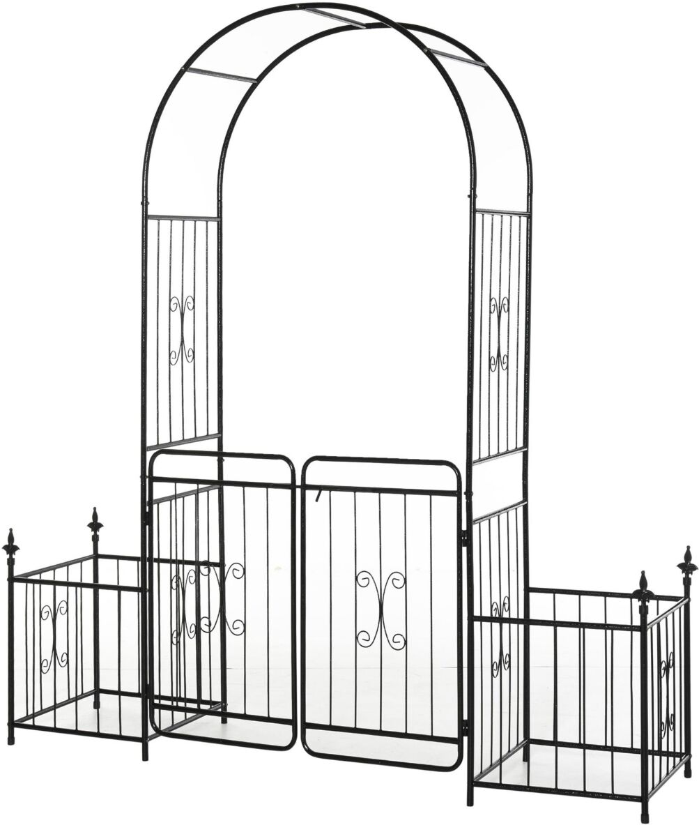 Outsunny Decorative Steel Backyard Gate & Trellis w/ 2 Door Design & Scrollwork - Black